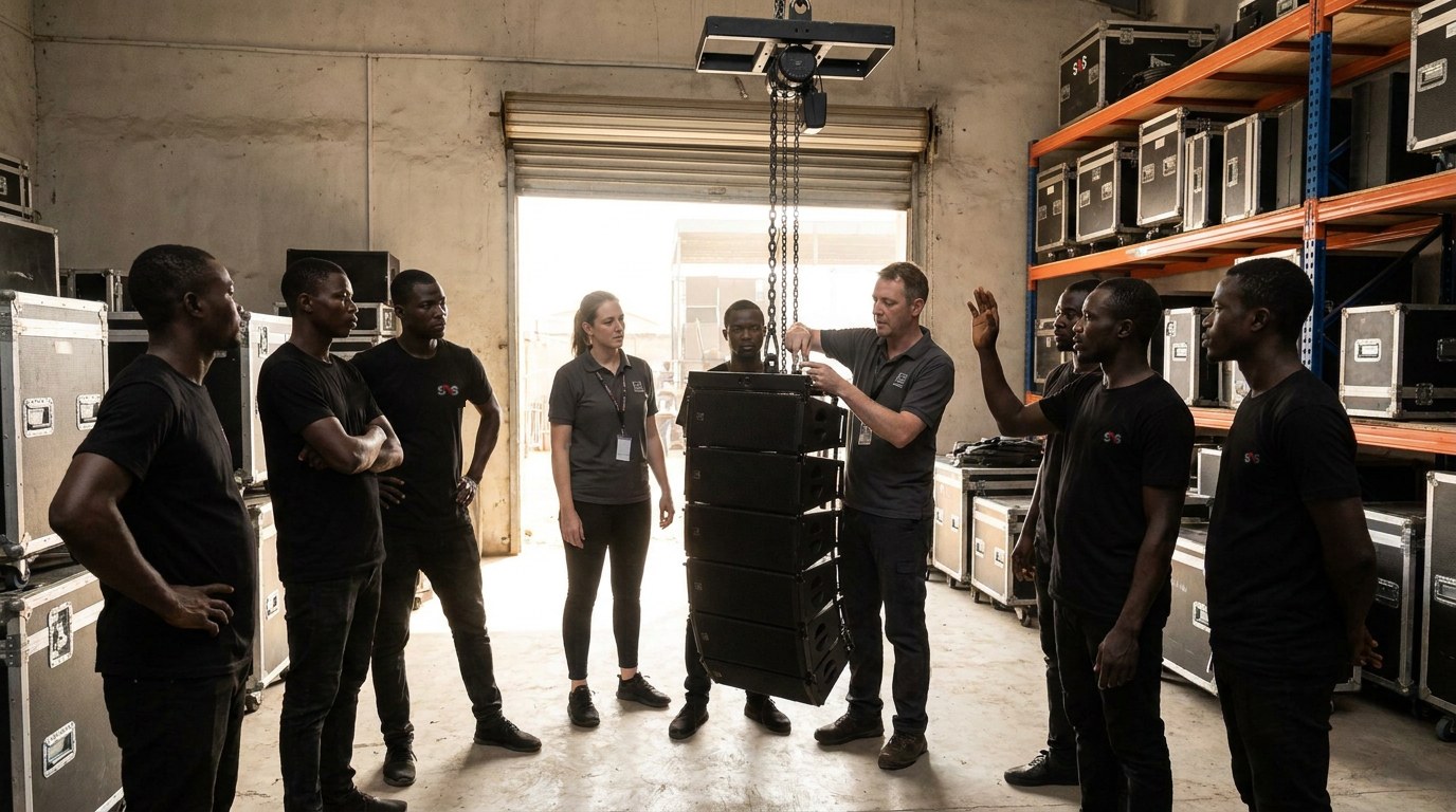Martin Audio engineers training the sightNsound crew on a WPC hang