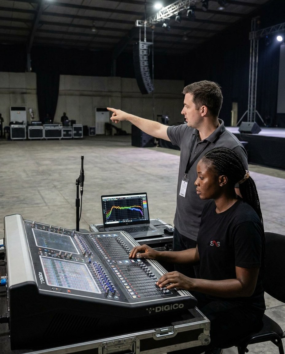 A sightNsound engineer tunes the system at the console with a Martin Audio engineer